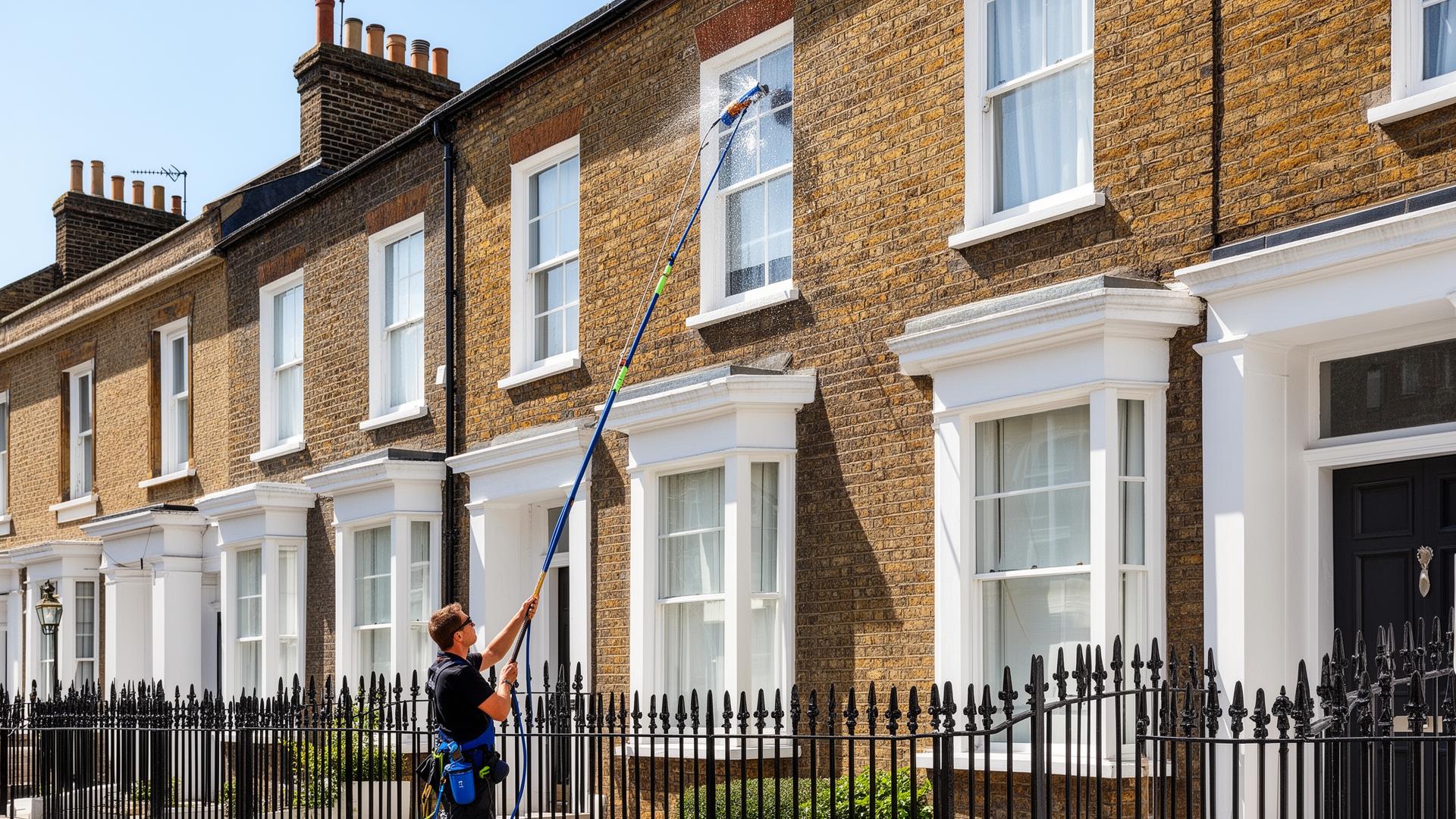 Professional window cleaner servicing a Victorian terraced house in West London